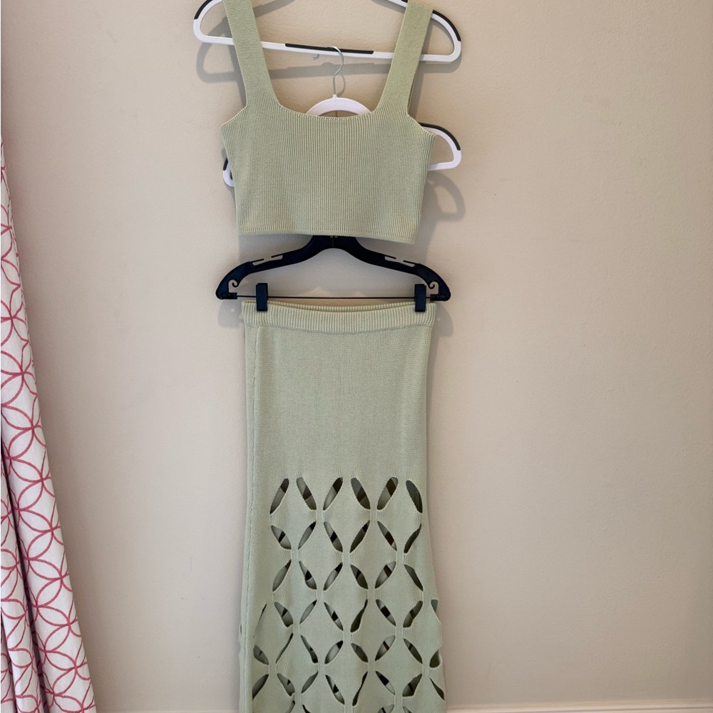 BEIGE BOTANY Light Green Knit Cutout Skirt set